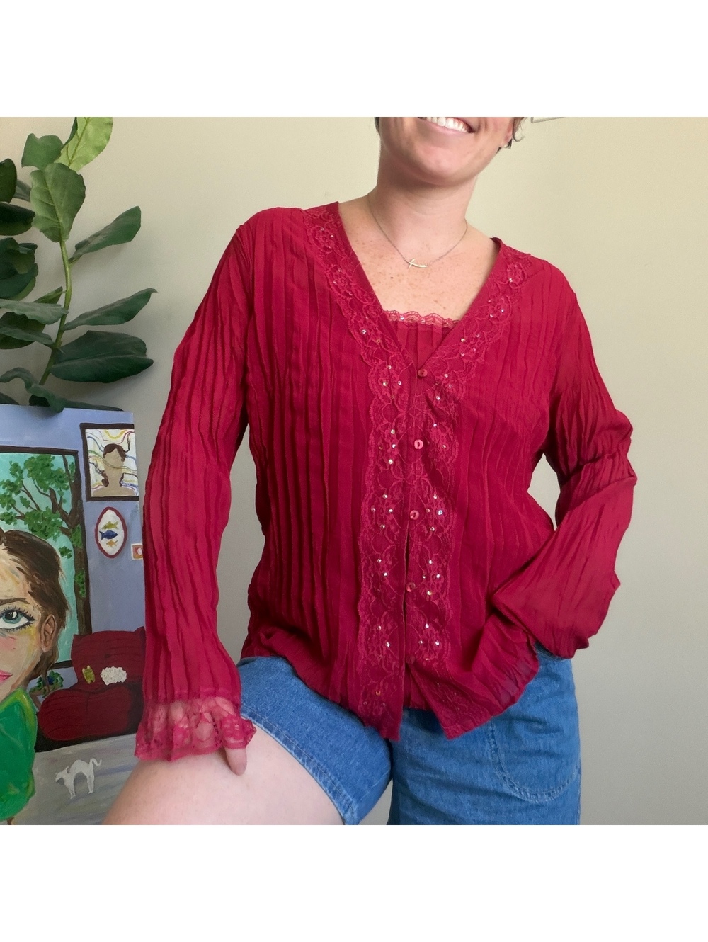 Vintage 90s mesh blouse crinkle embellished long sleeve blouse